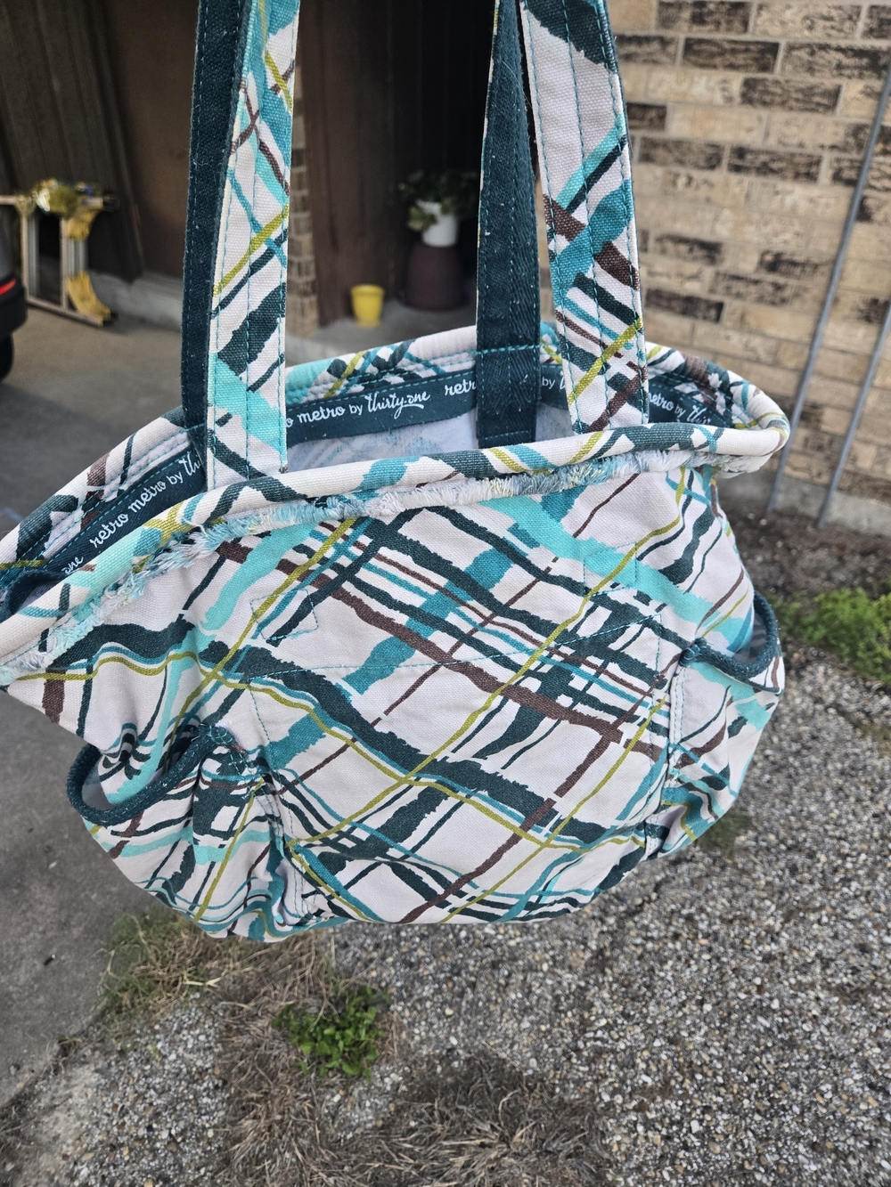 thirty-one Teal, White & Brown Plaid Tote